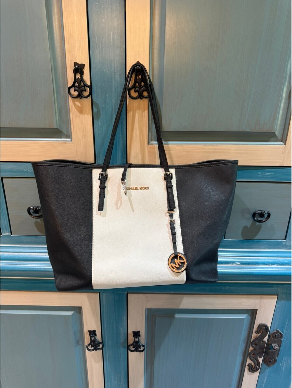 Michael Kors Black and White Leather Tote Bag with Dust Cover